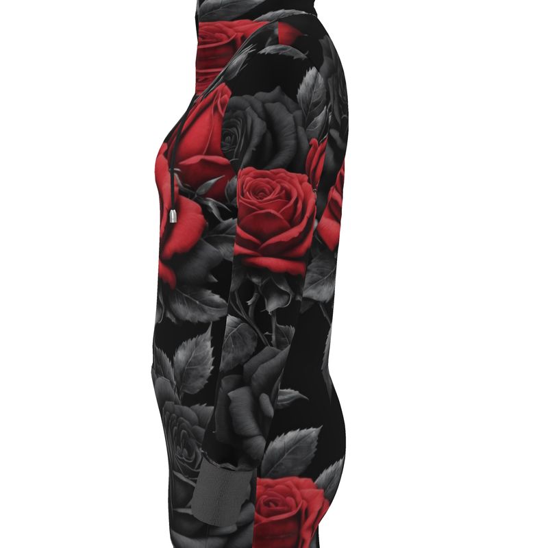 Black hooded jersey dress with black and red rose print, drawstring hood and kangaroo pocket — rear view