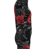 Black hooded jersey dress with black and red rose print, drawstring hood and kangaroo pocket — additional view 6