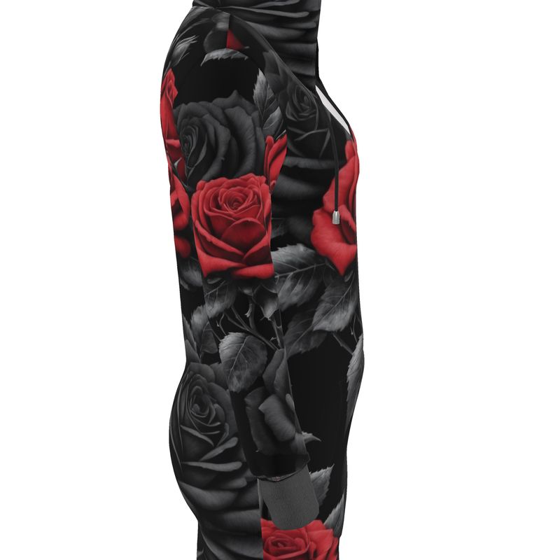 Black hooded jersey dress with black and red rose print, drawstring hood and kangaroo pocket — additional view 6