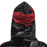 Black hooded jersey dress with black and red rose print, drawstring hood and kangaroo pocket — additional view 7