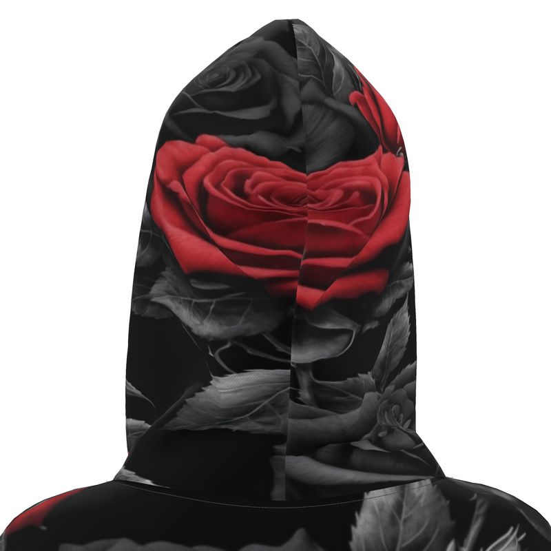 Black hooded jersey dress with black and red rose print, drawstring hood and kangaroo pocket — additional view 7