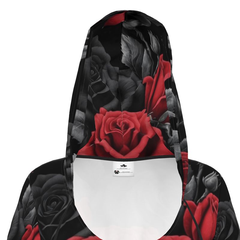 Black hooded jersey dress with black and red rose print, drawstring hood and kangaroo pocket — additional view 8