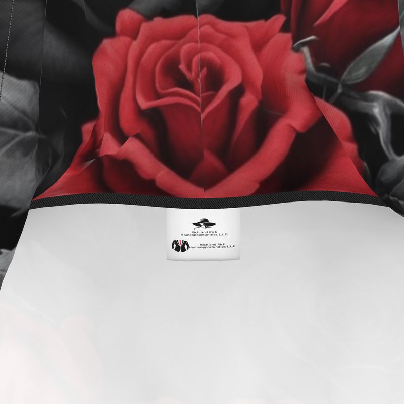 Black hooded jersey dress with black and red rose print, drawstring hood and kangaroo pocket — additional view 9