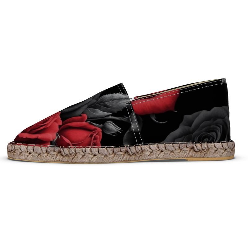 Unisex slip-on espadrilles with black and red rose design and jute insole — additional view 8
