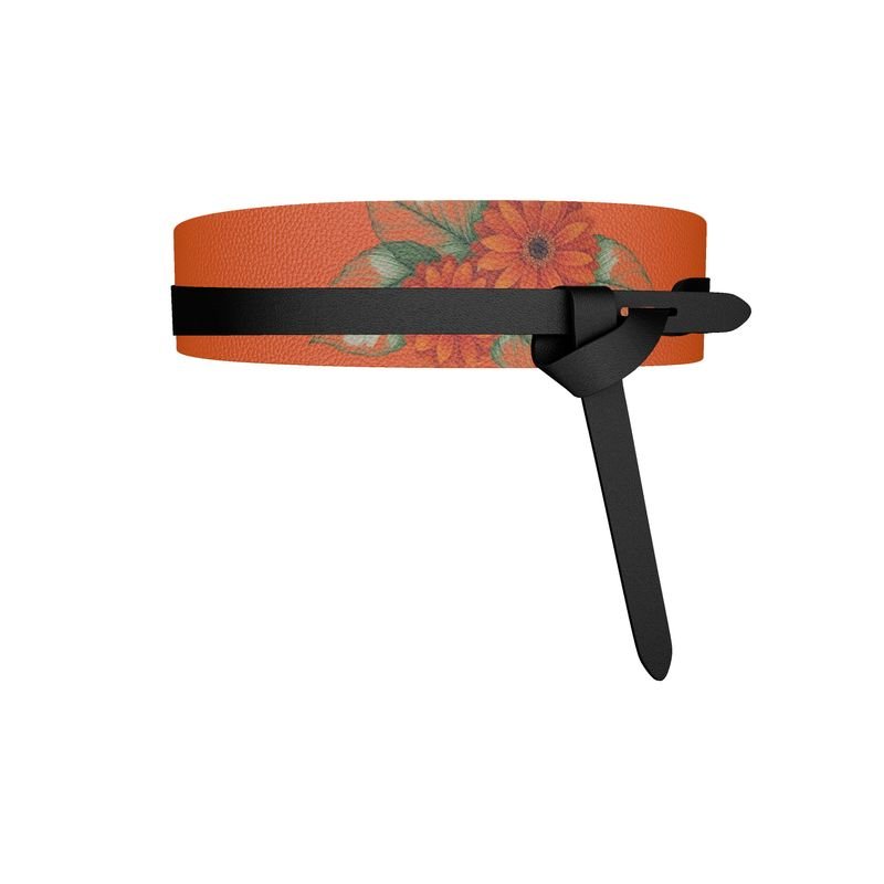 Orange floral Nappa leather wrap belt with adjustable elastic segments — product detail