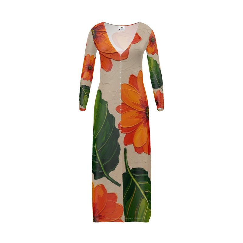 Rich and Rich Orange Floral Women's Jersey Knit Long Cardigan displayed on a mannequin