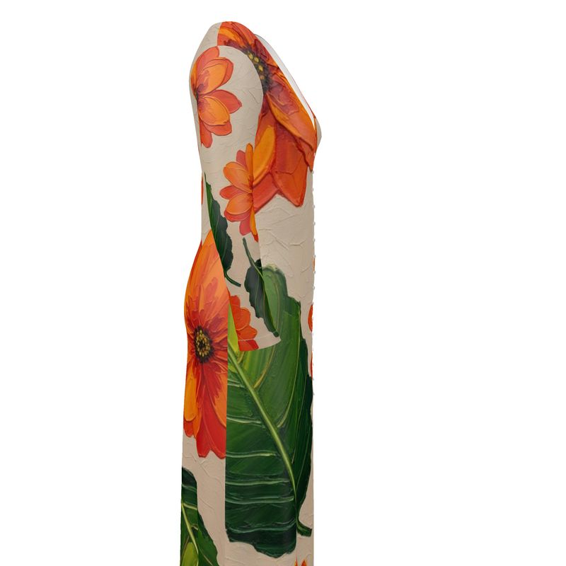 Long orange floral jersey-knit cardigan with V-neck and button-front — side view
