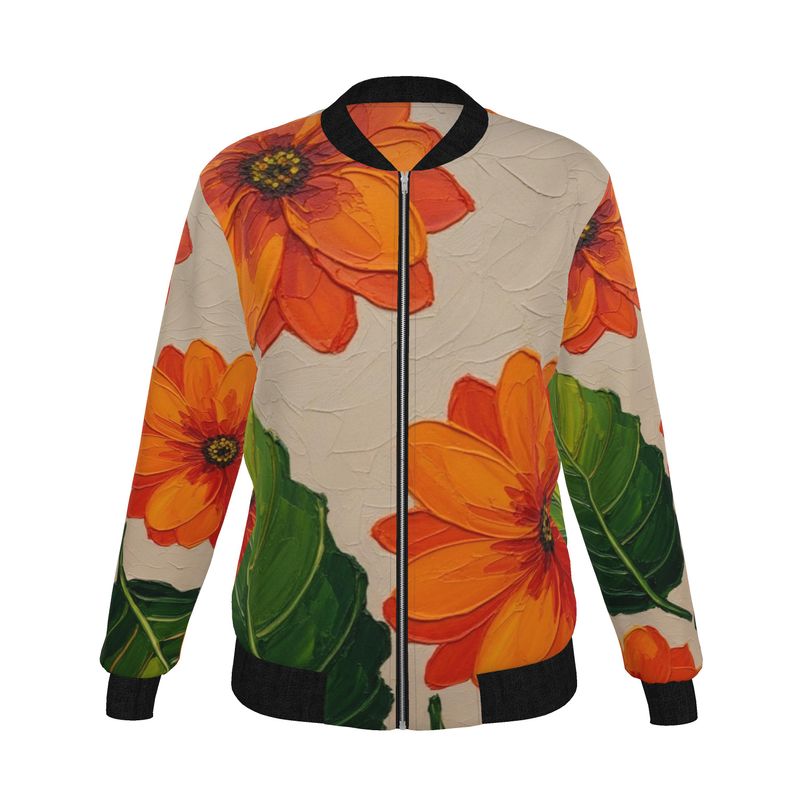 Reversible silk bomber jacket with orange floral print and ribbed collar — additional view 8