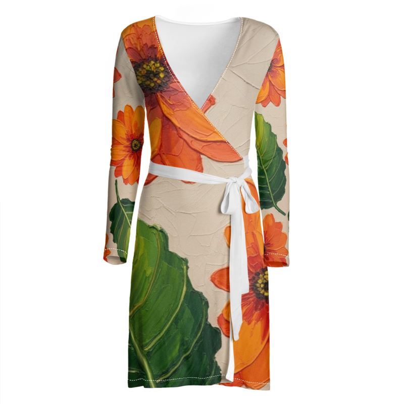 Rich and Rich Orange Floral Women's Wrap Dress with long sleeves and belt tie
