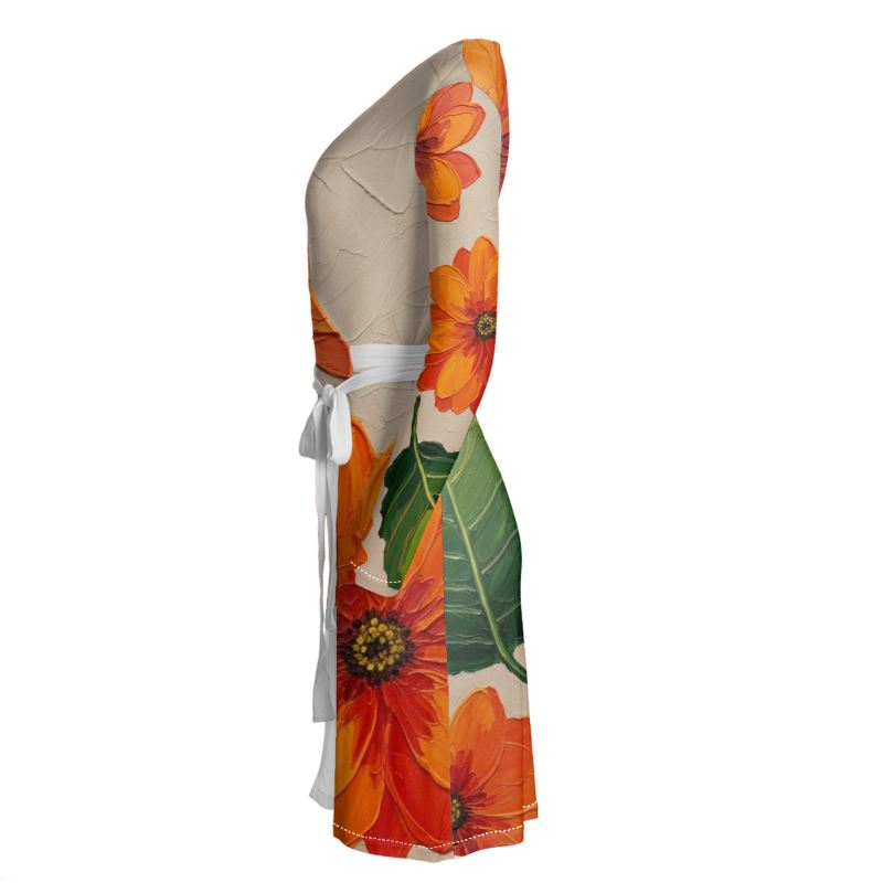 Rich and Rich Orange Floral Women's Wrap Dress with long sleeves and belt tie