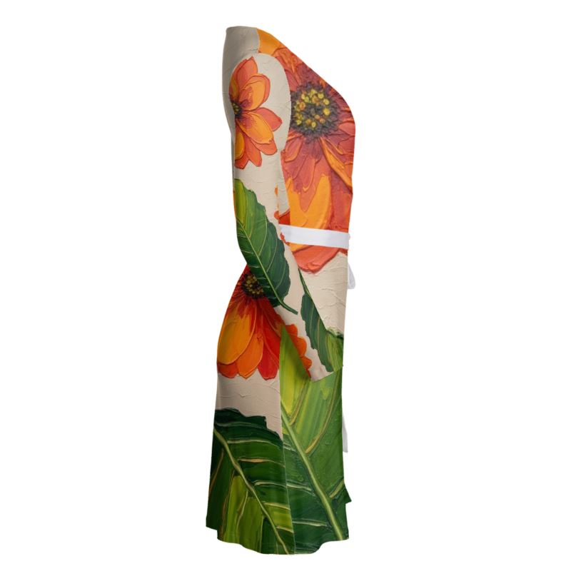 Rich and Rich Orange Floral Women's Wrap Dress with long sleeves and belt tie