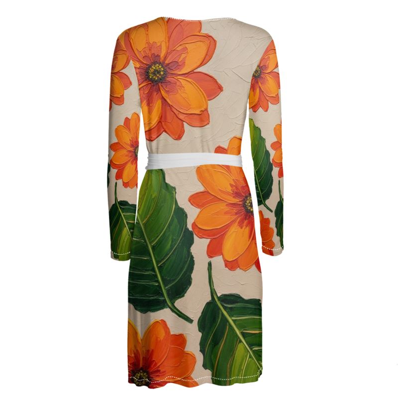 Rich and Rich Orange Floral Women's Wrap Dress with long sleeves and belt tie