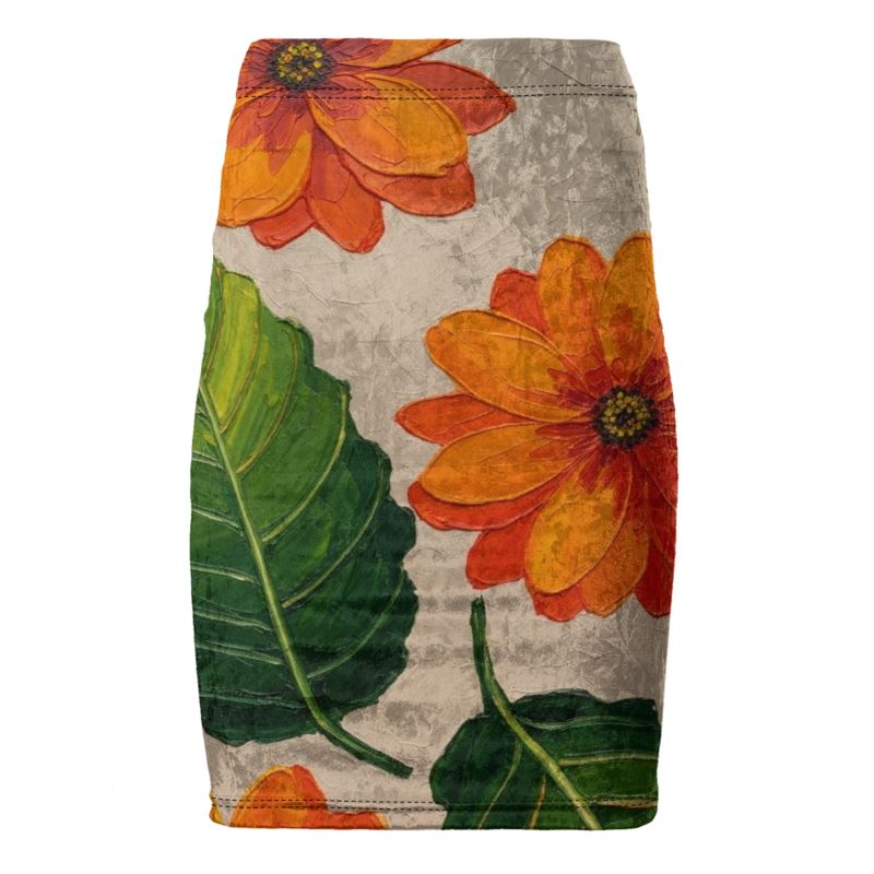 Rich and Rich Orange Floral Women's Pencil Skirt high-waisted poly-elastane blend with rear slit