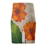 High-waist orange floral pencil skirt with centre back seam and rear slit — product detail