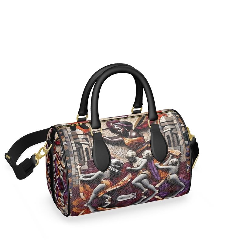 Small earthtone leather duffle bag with Greek mythology print and double black leather handles — alternate view