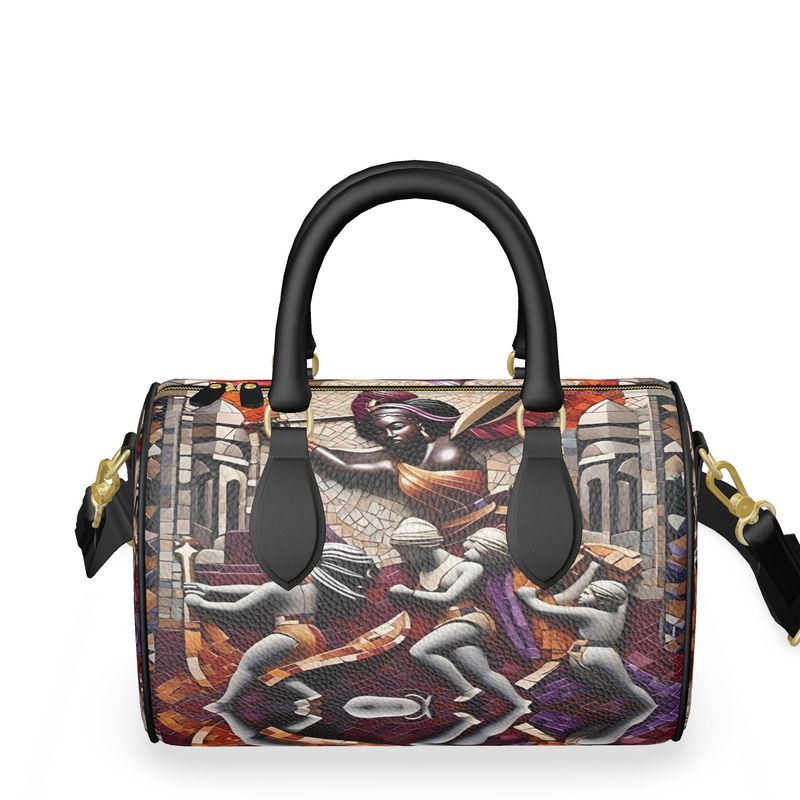 Small earthtone leather duffle bag with Greek mythology print and double black leather handles — product detail