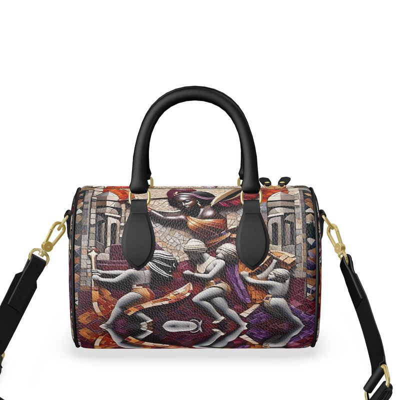 Small earthtone leather duffle bag with Greek mythology print and double black leather handles — side view