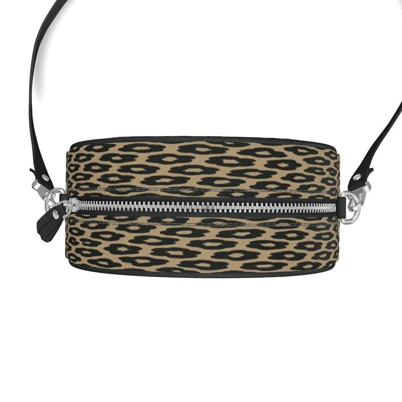 Safari brown animal print round box purse in Nappa leather with faux suede lining and black piping — additional view 6