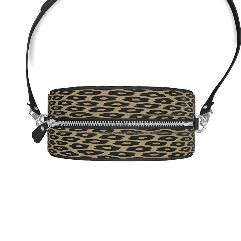 Safari brown animal print round box purse in Nappa leather with faux suede lining and black piping — additional view 7