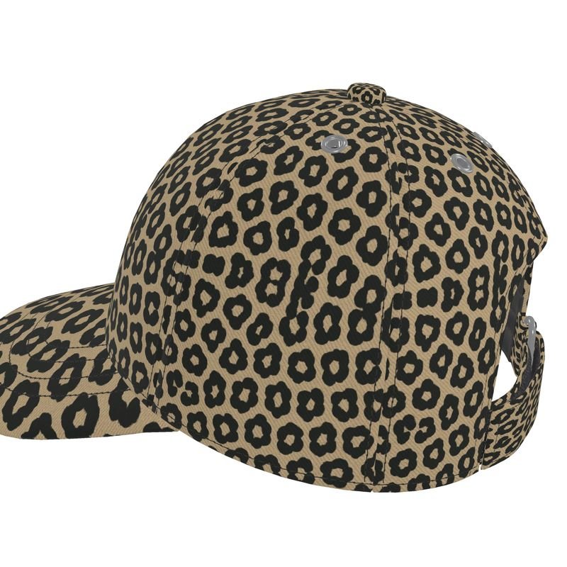 Brown animal print women's six-panel baseball cap with curved peak and breathable mesh lining — side view