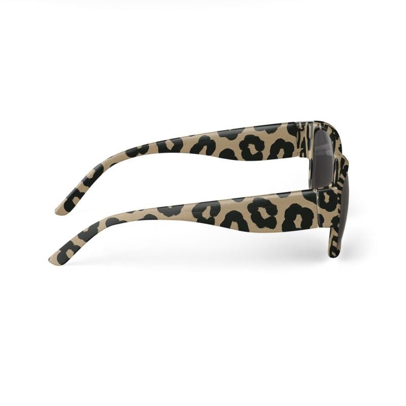 Unisex sunglasses with safari animal print frame and black temples — rear view