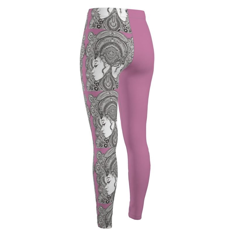 Pink high-waisted women's leggings with supportive wide waistband — product detail
