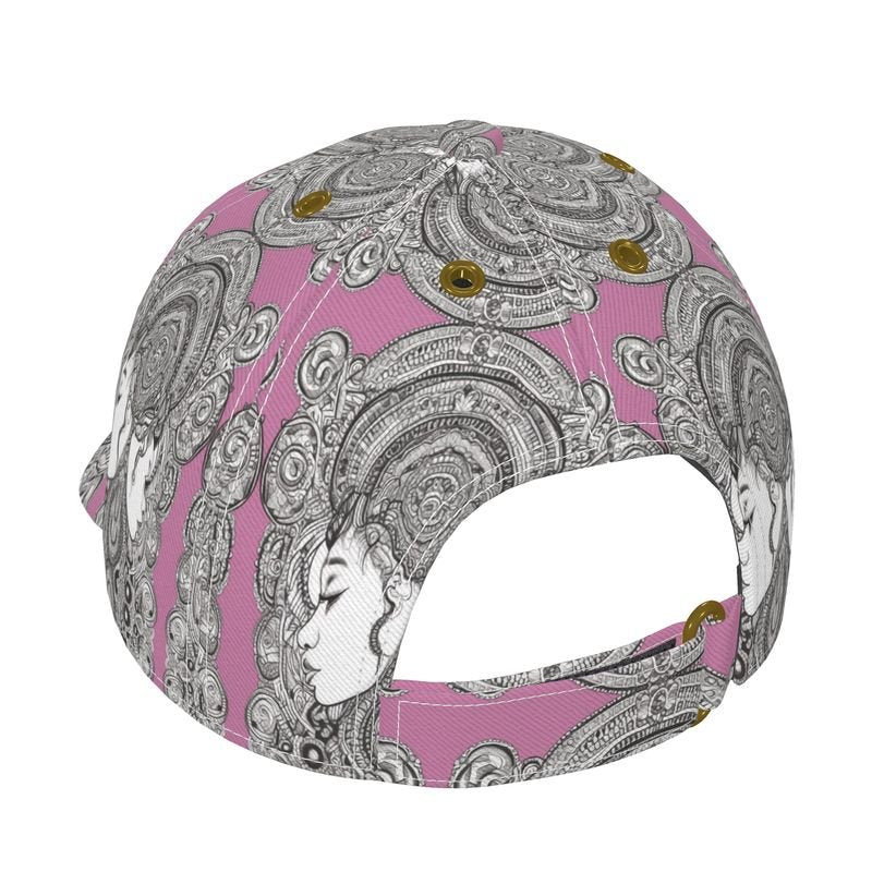 Pink six-panel baseball cap with curved peak and mesh-lined interior — rear view