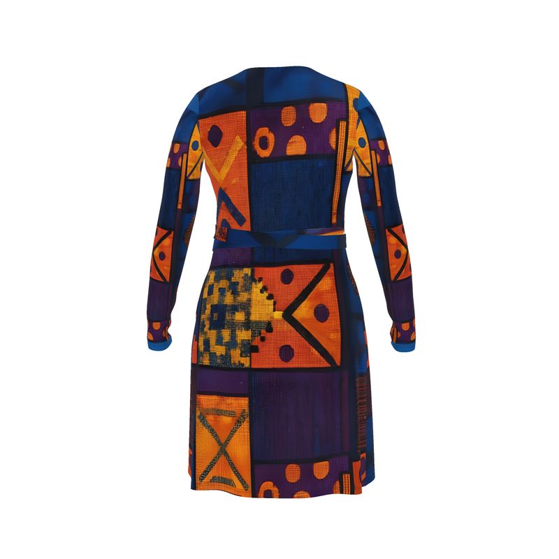 Orange patterned women's wrap dress with V-neck and adjustable waist tie — additional view 10
