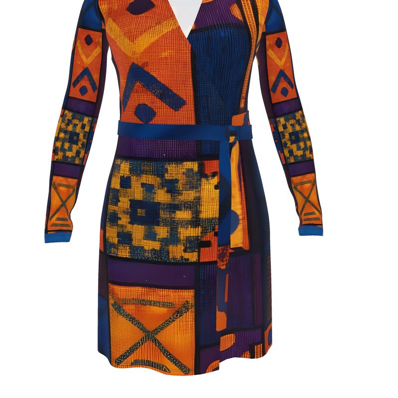Orange patterned women's wrap dress with V-neck and adjustable waist tie — additional view 11
