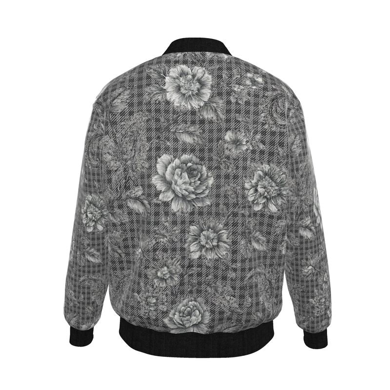 Gray floral reversible bomber jacket with silk satin side and organic cotton reverse, ribbed cuffs — additional view 7