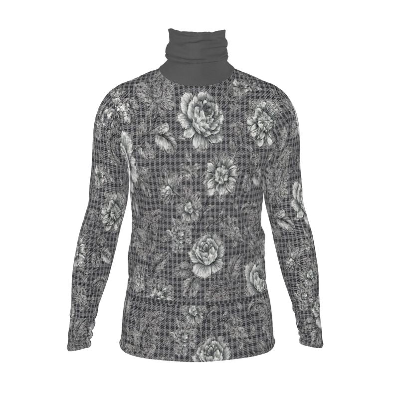Gray floral slim-fit men's roll-neck turtleneck in poly-elastane jersey — product detail