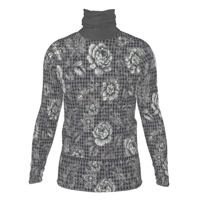 Gray floral slim-fit men's roll-neck turtleneck in poly-elastane jersey — side view