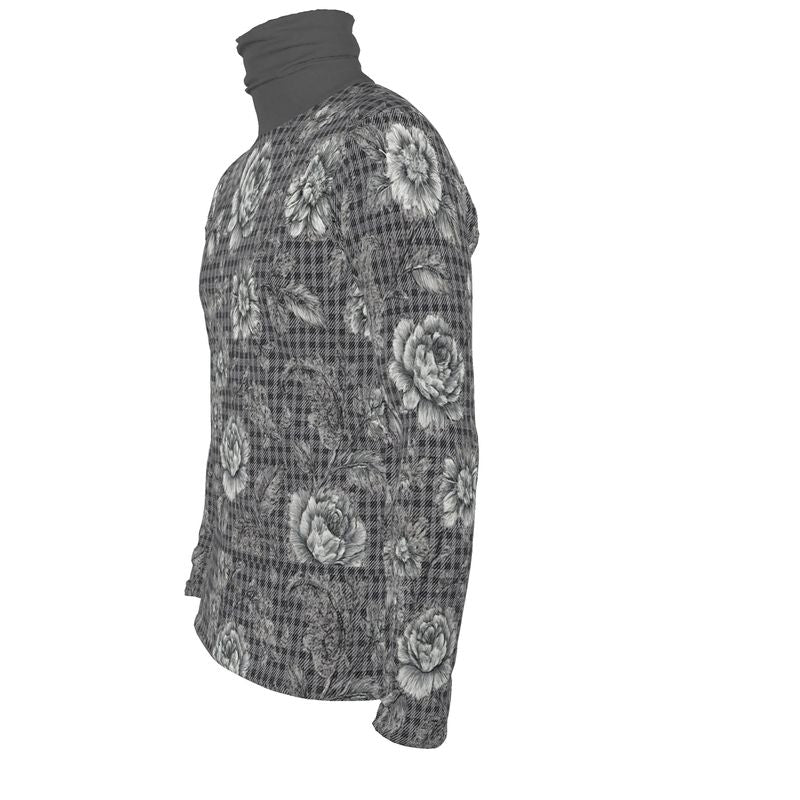 Gray floral slim-fit men's roll-neck turtleneck in poly-elastane jersey — rear view