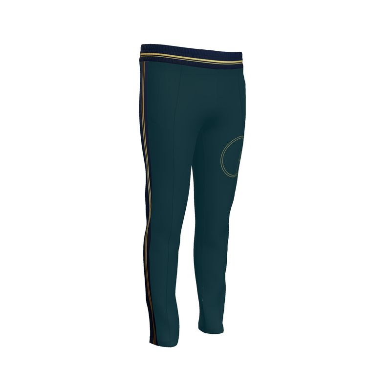 Navy blue men's tracksuit trousers with elastic waistband and slim low-rise fit — side view