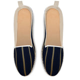 Navy blue canvas loafer espadrilles with natural jute sole and rubberized outsole — side view