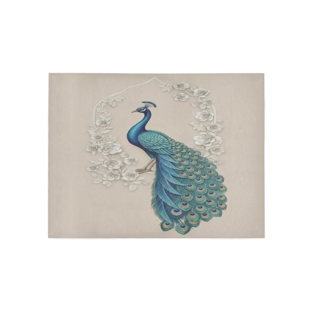 Peacock area rug 5'3" x 4' with full-color print, soft polyester top and dotted rubber backing