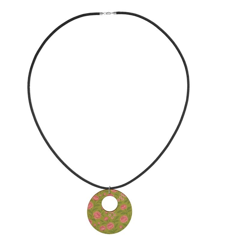 Wooden pendant necklace with pink floral print on plywood, sterling silver clasp and black faux-suede cord — alternate view