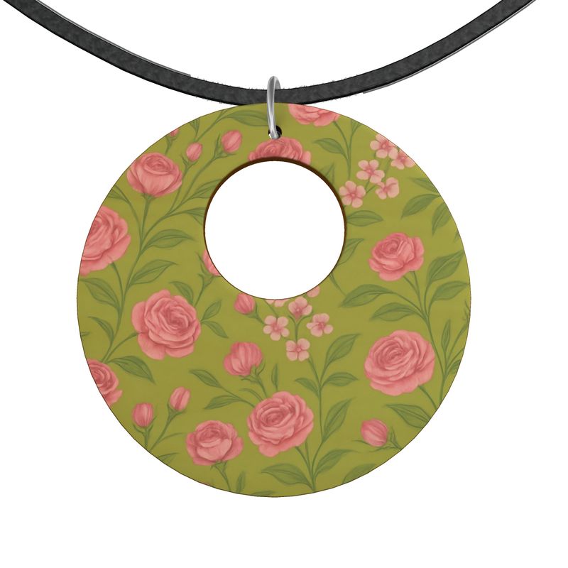 Rich and Rich Pink Floral Wooden Pendant Necklace on organic wood background