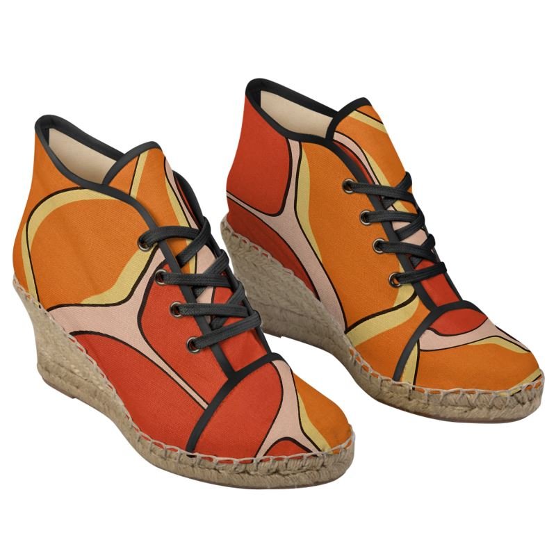 Orange abstract lace-up wedge espadrilles with natural jute platform and canvas upper — alternate view