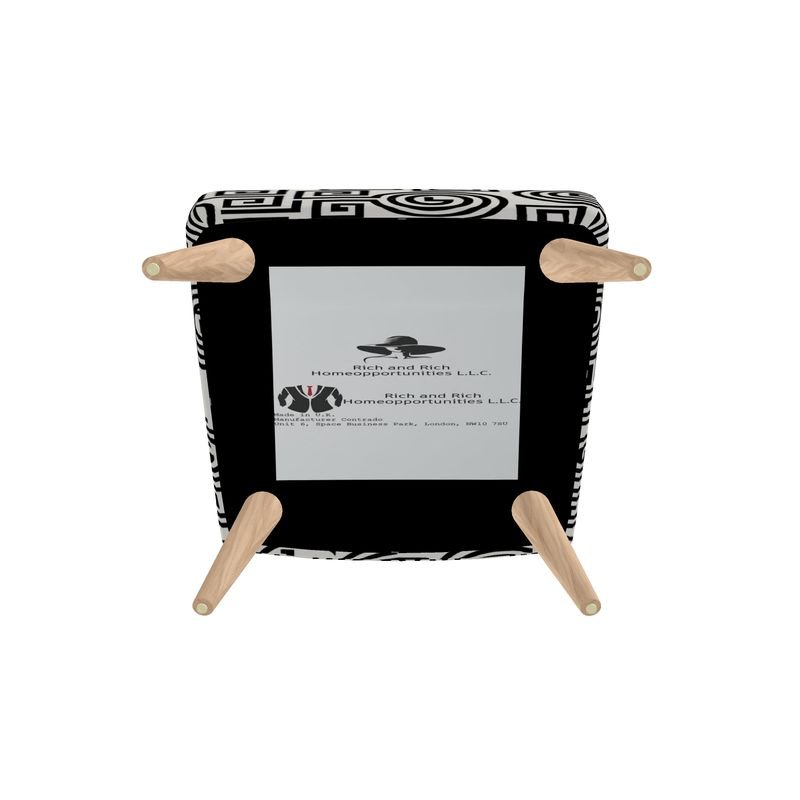 White and black occasional armchair in ChiChi velour with tapered beech wood legs, 29 inches tall — rear view