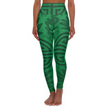 High-waisted emerald green yoga leggings with all-over Feng Shui print and smooth waistband — alternate view