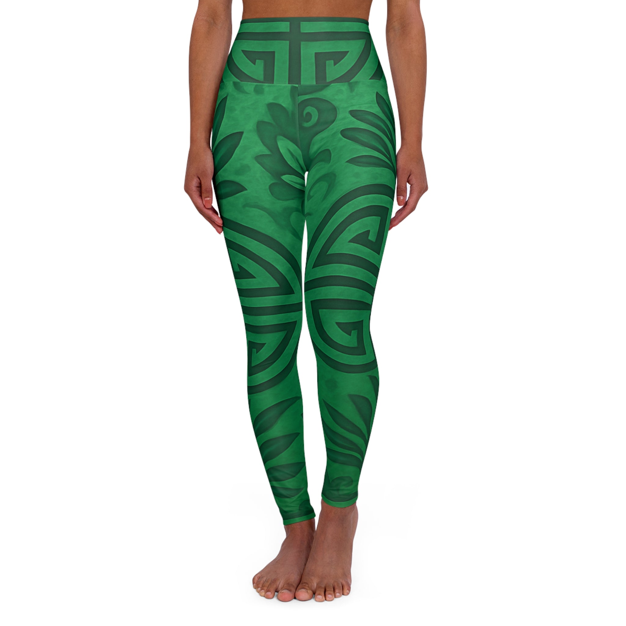 High-waisted emerald green yoga leggings with all-over Feng Shui print and smooth waistband — alternate view