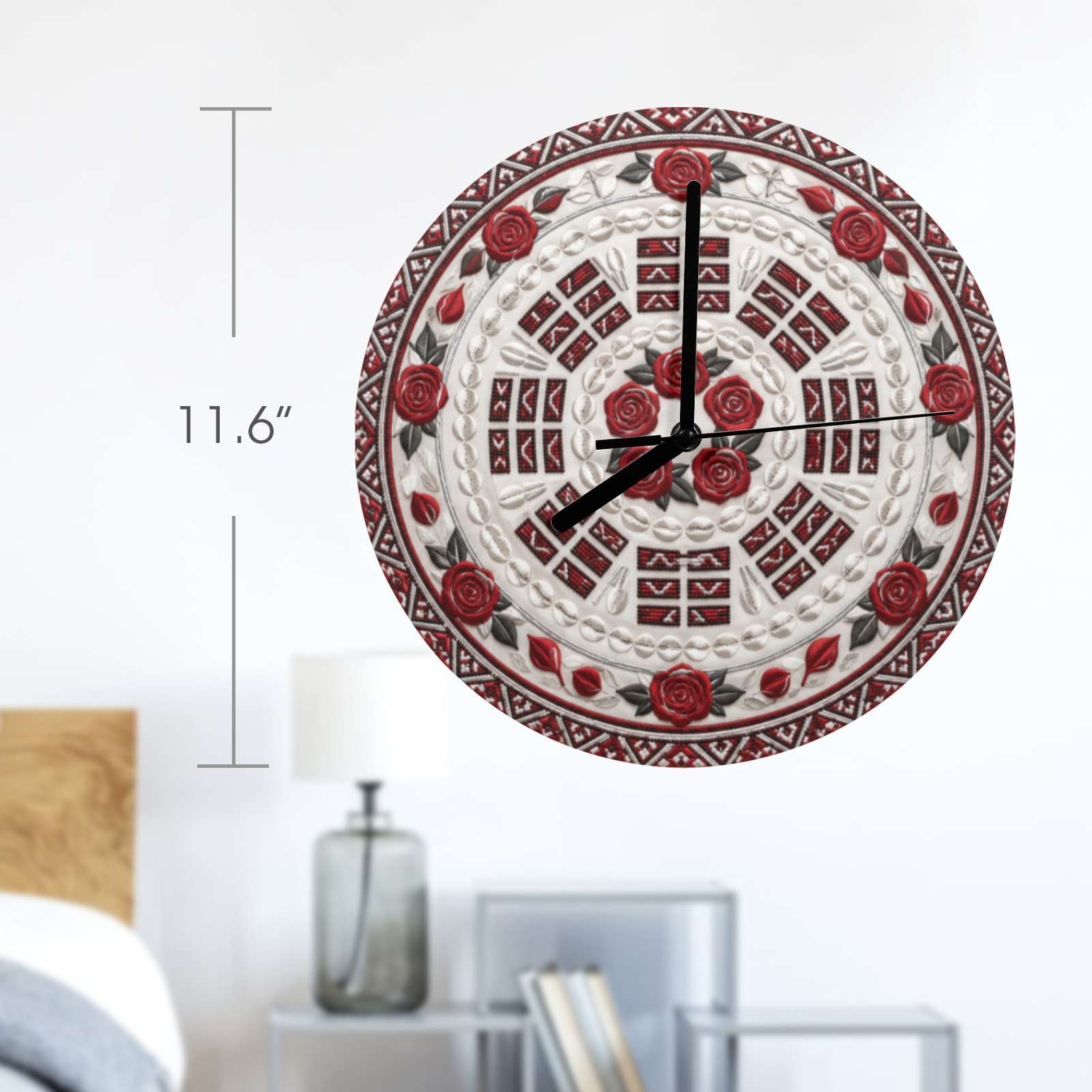 Frameless wooden wall clock with Timeless Bloom artwork and black hands, 11.6 inches — alternate view