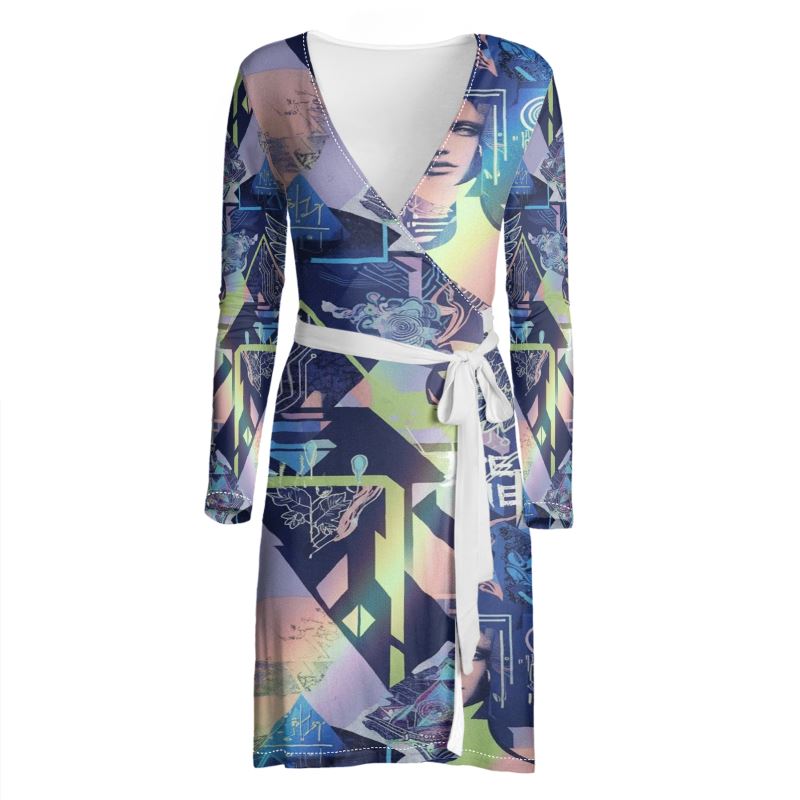 Rich and Rich Blue Graphic Multicolor Women's Wrap Dress