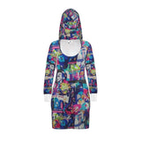 Loose-fit multicolor graphic hoodie dress with adjustable drawstring hood and oversized kangaroo pocket — alternate view