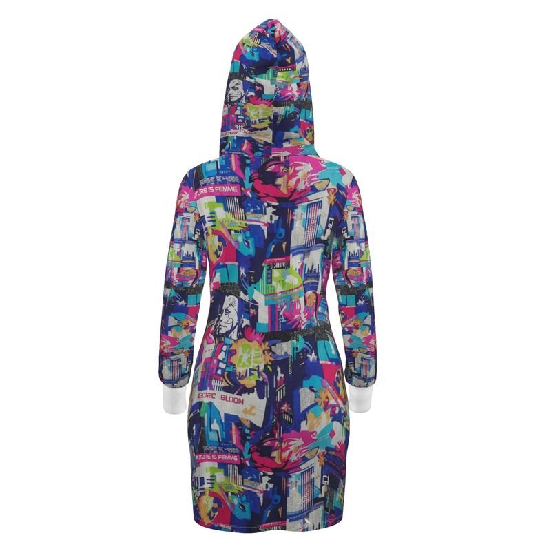Loose-fit multicolor graphic hoodie dress with adjustable drawstring hood and oversized kangaroo pocket — side view