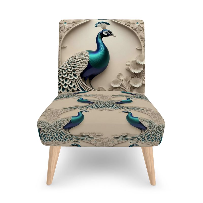 Velour occasional chair with peacock print upholstery, compact accent armchair handmade in the UK — side view