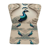 Velour occasional chair with peacock print upholstery, compact accent armchair handmade in the UK — rear view