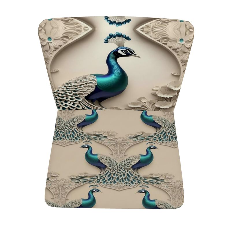 Velour occasional chair with peacock print upholstery, compact accent armchair handmade in the UK — rear view