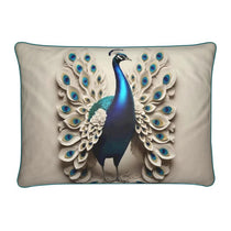 Peacock decorative cushion with zip opening, available with plush fiber pad or duck feather pad